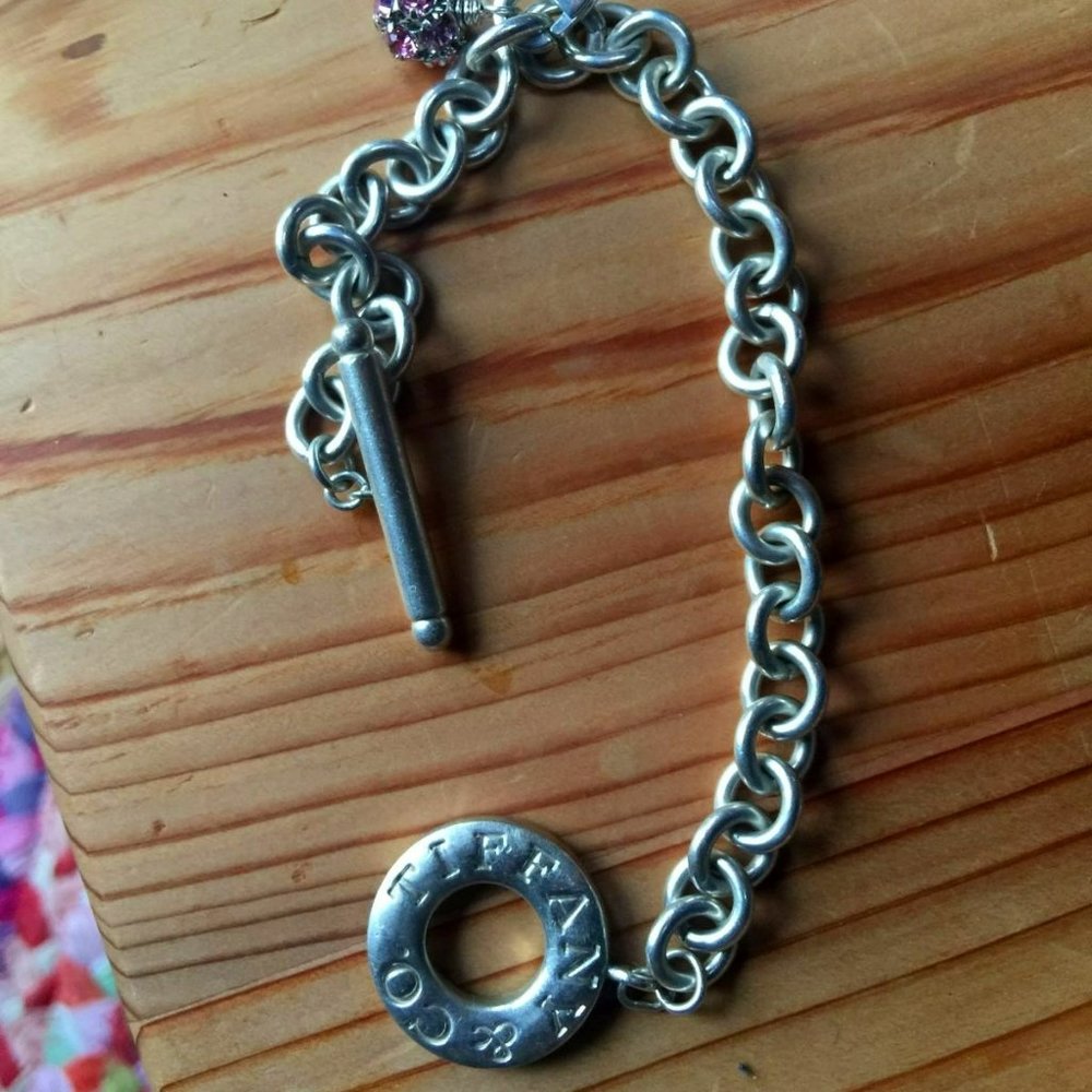 Authentic Tiffany & Co Oval Link Bracelet with Pink Crystal Ball Pendant
